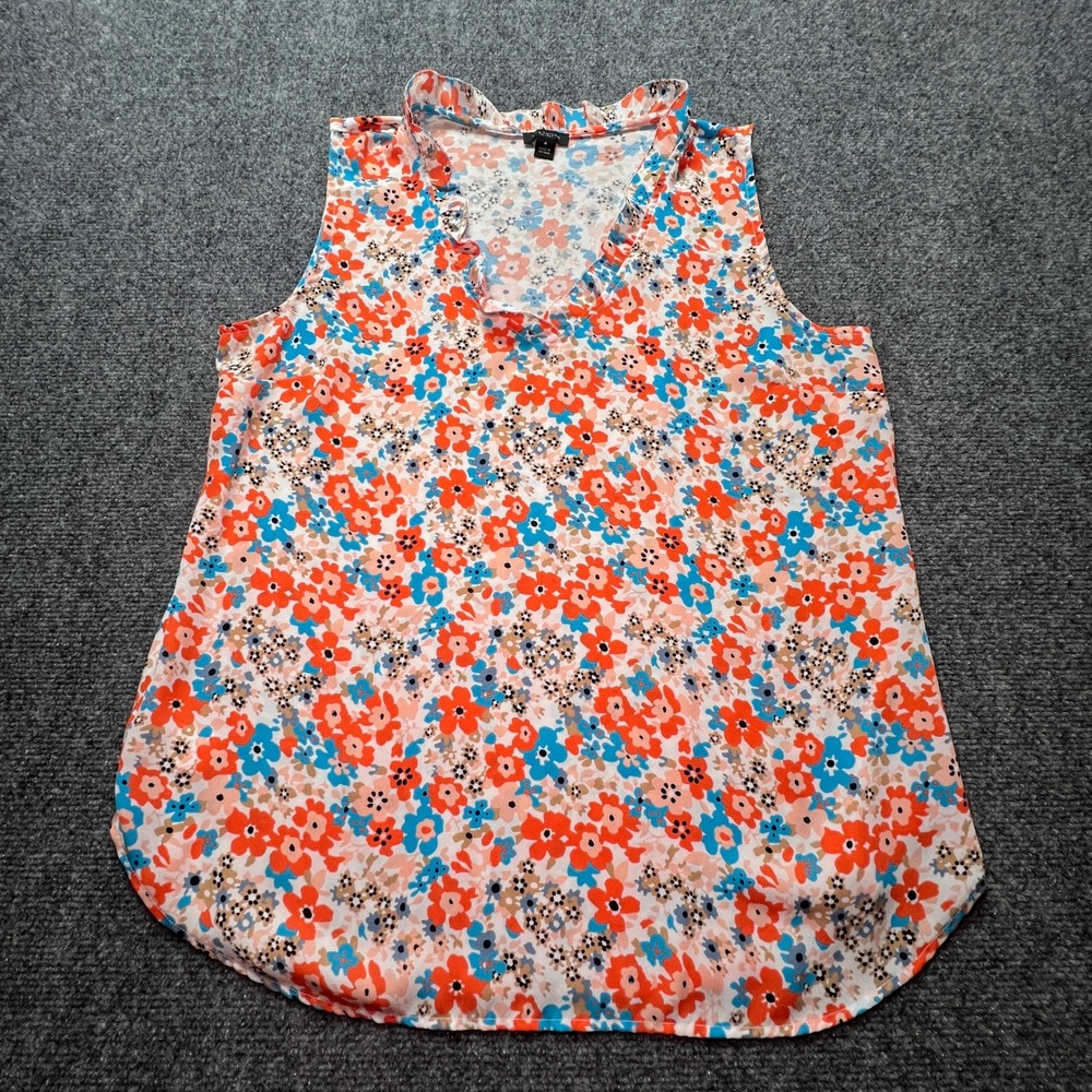 Ann Taylor Factory Floral Ruffle V-Neck Sleeveless Blouse Orange Blue 583611 M